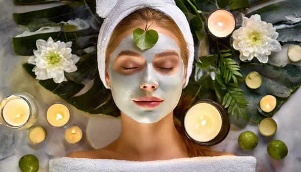 Skincare, mask for eyes and face of woman on blue background for wellness, cosmetics and facial treatment. Beauty, luxury spa and girl relax with eye pads for dermatology, healthy skin and self care