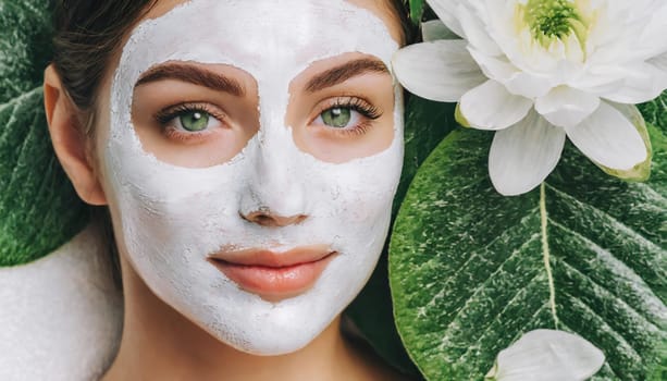Skincare, mask for eyes and face of woman on blue background for wellness, cosmetics and facial treatment. Beauty, luxury spa and girl relax with eye pads for dermatology, healthy skin and self care