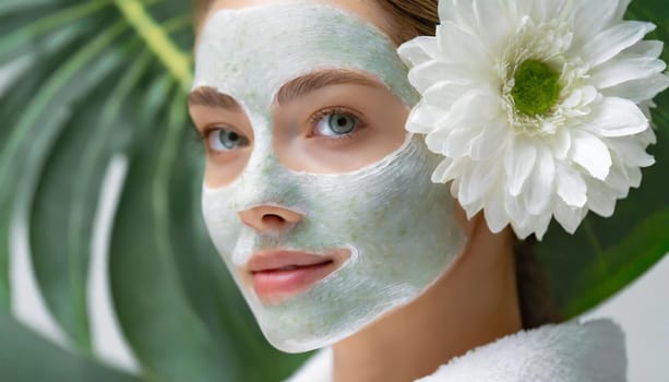 Skincare, mask for eyes and face of woman on blue background for wellness, cosmetics and facial treatment. Beauty, luxury spa and girl relax with eye pads for dermatology, healthy skin and self care