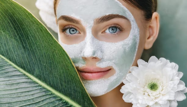Skincare, mask for eyes and face of woman on blue background for wellness, cosmetics and facial treatment. Beauty, luxury spa and girl relax with eye pads for dermatology, healthy skin and self care