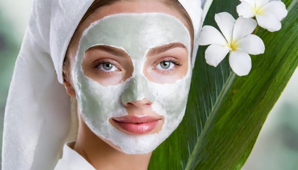 Skin care. Cheerful attractive caucasian female with clay mask on face and cucumber slices in hands against blue background getting beauty treatment. Spa concept with copy space