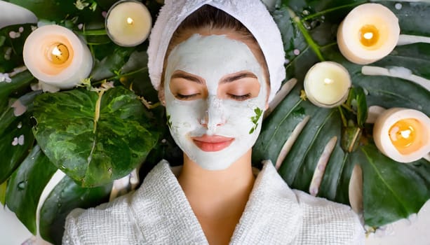Skincare, mask for eyes and face of woman on blue background for wellness, cosmetics and facial treatment. Beauty, luxury spa and girl relax with eye pads for dermatology, healthy skin and self care