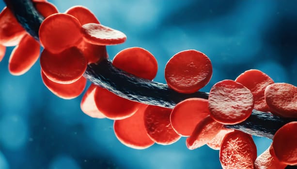 Close-up of red blood cells flowing in a blood vessel. Research concept.