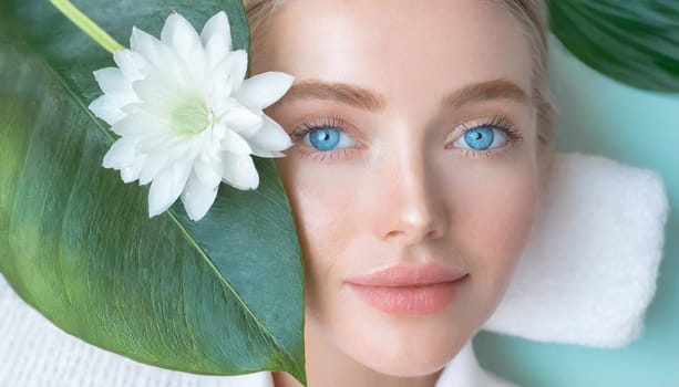 Portrait of beautiful woman with healthy glow perfect smooth skin holds tropical leaf, look into the hole of green paper. Young girl enjoys cream facial mask. Fashion, beauty, skincare concept.
