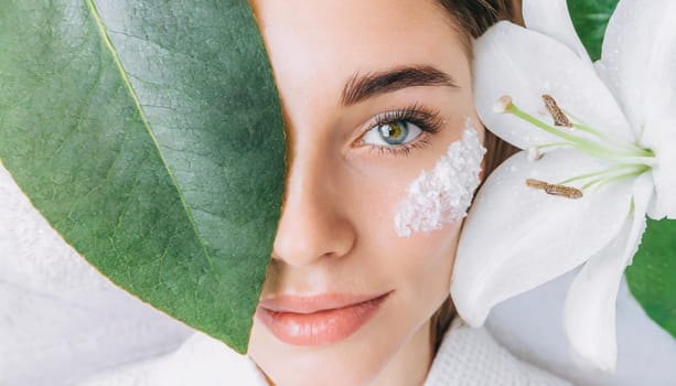 Portrait of beautiful woman with healthy glow perfect smooth skin holds tropical leaf, look into the hole of green paper. Young girl enjoys cream facial mask. Fashion, beauty, skincare concept.