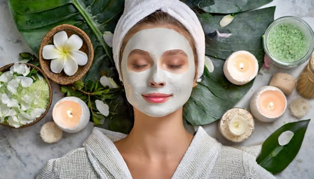 Skincare, mask for eyes and face of woman on blue background for wellness, cosmetics and facial treatment. Beauty, luxury spa and girl relax with eye pads for dermatology, healthy skin and self care