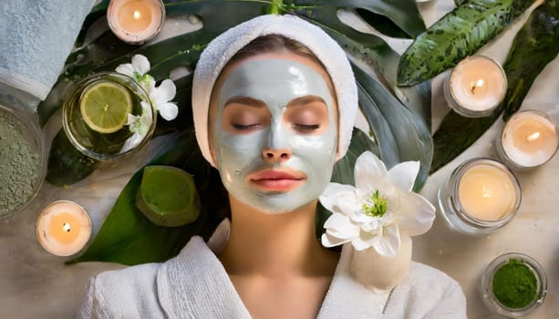 Skincare, mask for eyes and face of woman on blue background for wellness, cosmetics and facial treatment. Beauty, luxury spa and girl relax with eye pads for dermatology, healthy skin and self care
