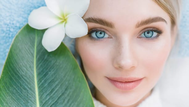 Skincare, mask for eyes and face of woman on blue background for wellness, cosmetics and facial treatment. Beauty, luxury spa and girl relax with eye pads for dermatology, healthy skin and self care