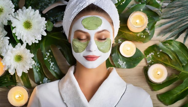 Skincare, mask for eyes and face of woman on blue background for wellness, cosmetics and facial treatment. Beauty, luxury spa and girl relax with eye pads for dermatology, healthy skin and self care