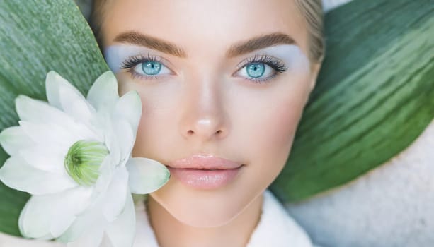 Skincare, mask for eyes and face of woman on blue background for wellness, cosmetics and facial treatment. Beauty, luxury spa and girl relax with eye pads for dermatology, healthy skin and self care