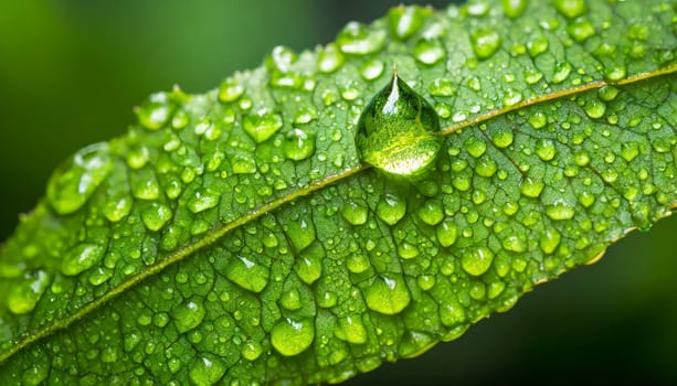 Close-up of green plant leaf one drop of rain, image for nature background