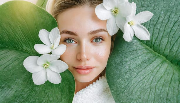 Portrait of beautiful woman with healthy glow perfect smooth skin holds tropical leaf, look into the hole of green paper. Young girl enjoys cream facial mask. Fashion, beauty, skincare concept.