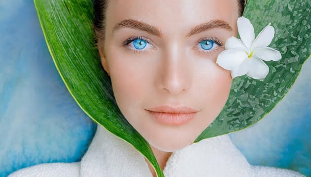 Skincare, mask for eyes and face of woman on blue background for wellness, cosmetics and facial treatment. Beauty, luxury spa and girl relax with eye pads for dermatology, healthy skin and self care