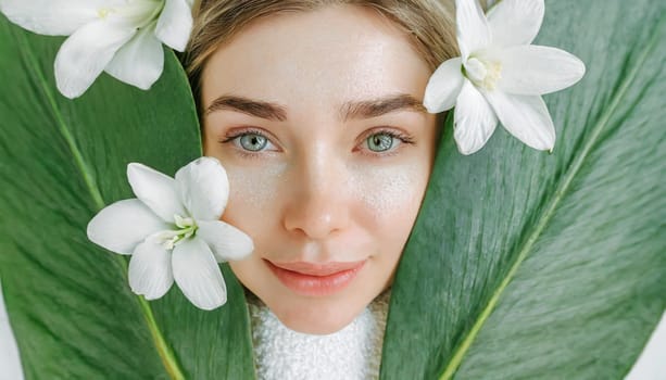 Portrait of beautiful woman with healthy glow perfect smooth skin holds tropical leaf, look into the hole of green paper. Young girl enjoys cream facial mask. Fashion, beauty, skincare concept.