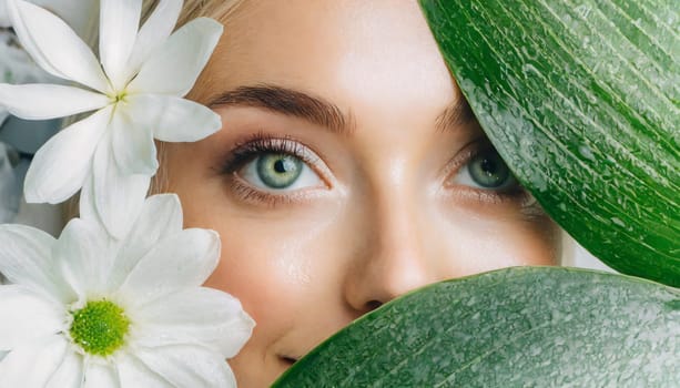 Portrait of beautiful woman with healthy glow perfect smooth skin holds tropical leaf, look into the hole of green paper. Young girl enjoys cream facial mask. Fashion, beauty, skincare concept.