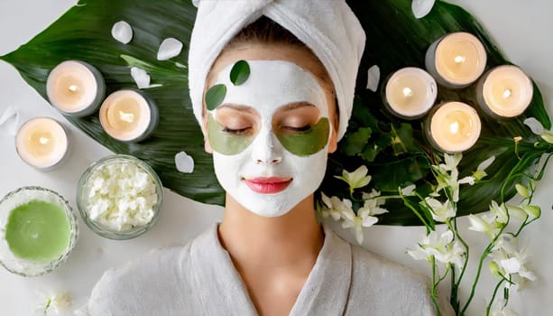Skincare, mask for eyes and face of woman on blue background for wellness, cosmetics and facial treatment. Beauty, luxury spa and girl relax with eye pads for dermatology, healthy skin and self care
