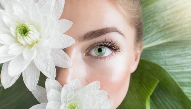 Portrait of beautiful woman with healthy glow perfect smooth skin holds tropical leaf, look into the hole of green paper. Young girl enjoys cream facial mask. Fashion, beauty, skincare concept.
