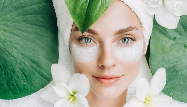 Portrait of beautiful woman with healthy glow perfect smooth skin holds tropical leaf, look into the hole of green paper. Young girl enjoys cream facial mask. Fashion, beauty, skincare concept.