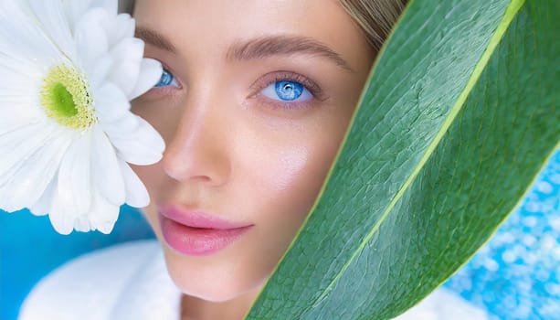 Skincare, mask for eyes and face of woman on blue background for wellness, cosmetics and facial treatment. Beauty, luxury spa and girl relax with eye pads for dermatology, healthy skin and self care