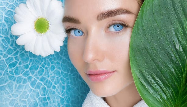 Skincare, mask for eyes and face of woman on blue background for wellness, cosmetics and facial treatment. Beauty, luxury spa and girl relax with eye pads for dermatology, healthy skin and self care