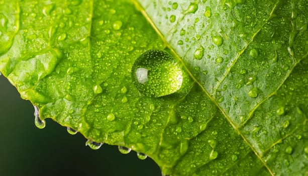 Close-up of green plant leaf one drop of rain, image for nature background