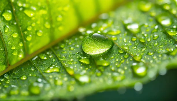 Close-up of green plant leaf one drop of rain, image for nature background