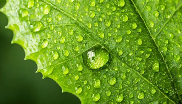 Close-up of green plant leaf one drop of rain, image for nature background