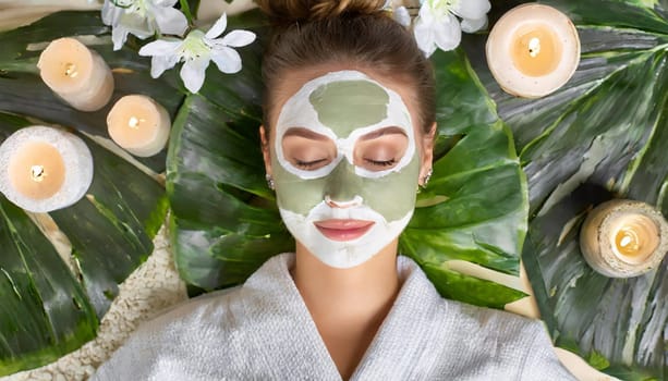 Skincare, mask for eyes and face of woman on blue background for wellness, cosmetics and facial treatment. Beauty, luxury spa and girl relax with eye pads for dermatology, healthy skin and self care