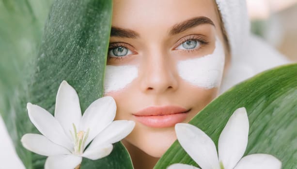 Portrait of beautiful woman with healthy glow perfect smooth skin holds tropical leaf, look into the hole of green paper. Young girl enjoys cream facial mask. Fashion, beauty, skincare concept.