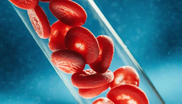 Close-up of red blood cells flowing in a blood vessel. Research concept.