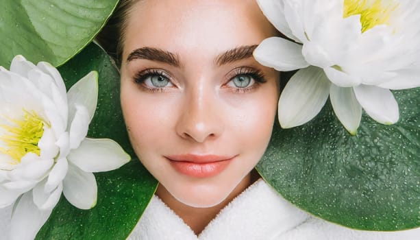 Portrait of beautiful woman with healthy glow perfect smooth skin holds tropical leaf, look into the hole of green paper. Young girl enjoys cream facial mask. Fashion, beauty, skincare concept.