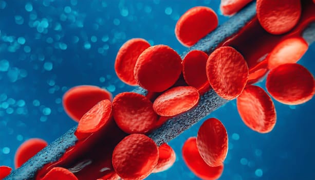 Close-up of red blood cells flowing in a blood vessel. Research concept.