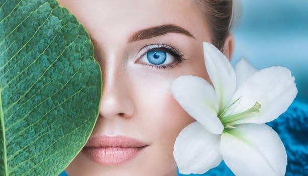 Skincare, mask for eyes and face of woman on blue background for wellness, cosmetics and facial treatment. Beauty, luxury spa and girl relax with eye pads for dermatology, healthy skin and self care
