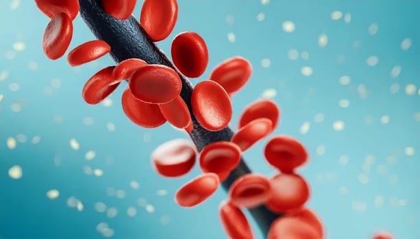 Close-up of red blood cells flowing in a blood vessel. Research concept.