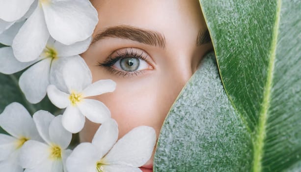 Portrait of beautiful woman with healthy glow perfect smooth skin holds tropical leaf, look into the hole of green paper. Young girl enjoys cream facial mask. Fashion, beauty, skincare concept.