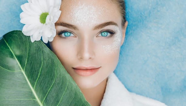 Skincare, mask for eyes and face of woman on blue background for wellness, cosmetics and facial treatment. Beauty, luxury spa and girl relax with eye pads for dermatology, healthy skin and self care