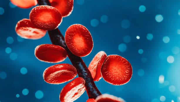 Close-up of red blood cells flowing in a blood vessel. Research concept.