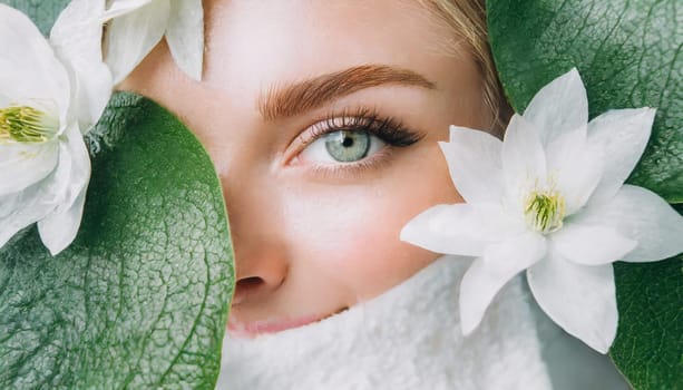 Portrait of beautiful woman with healthy glow perfect smooth skin holds tropical leaf, look into the hole of green paper. Young girl enjoys cream facial mask. Fashion, beauty, skincare concept.