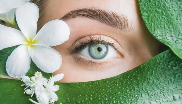 Portrait of beautiful woman with healthy glow perfect smooth skin holds tropical leaf, look into the hole of green paper. Young girl enjoys cream facial mask. Fashion, beauty, skincare concept.