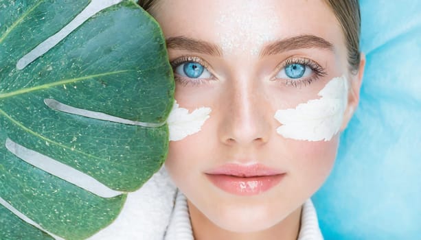 Skincare, mask for eyes and face of woman on blue background for wellness, cosmetics and facial treatment. Beauty, luxury spa and girl relax with eye pads for dermatology, healthy skin and self care