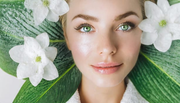 Portrait of beautiful woman with healthy glow perfect smooth skin holds tropical leaf, look into the hole of green paper. Young girl enjoys cream facial mask. Fashion, beauty, skincare concept.