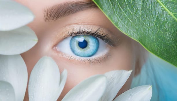 Portrait of beautiful woman with healthy glow perfect smooth skin holds tropical leaf, look into the hole of green paper. Young girl enjoys cream facial mask. Fashion, beauty, skincare concept.