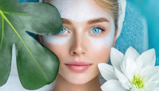 Skincare, mask for eyes and face of woman on blue background for wellness, cosmetics and facial treatment. Beauty, luxury spa and girl relax with eye pads for dermatology, healthy skin and self care