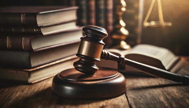 Wooden gavel and books on wooden table, law concept