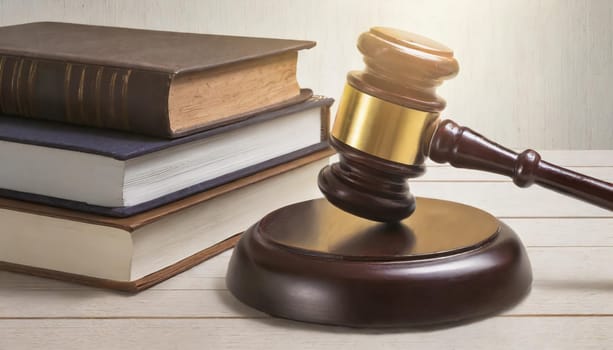 Wooden gavel and books on wooden table, law concept