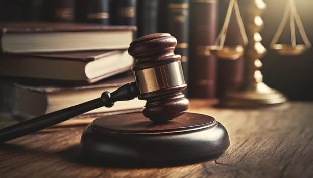 Wooden gavel and books on wooden table, law concept