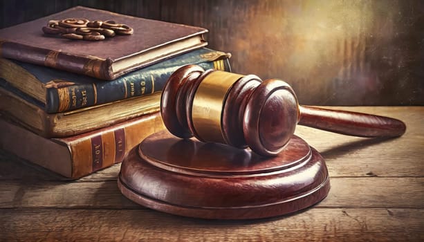 Wooden gavel and books on wooden table, law concept