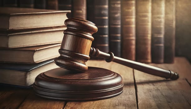 Wooden gavel and books on wooden table, law concept