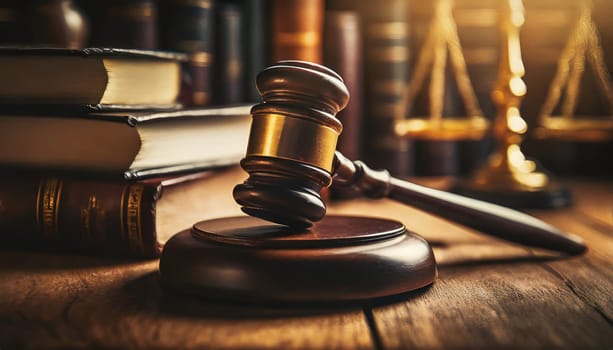 Wooden gavel and books on wooden table, law concept