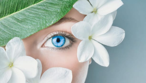 Portrait of beautiful woman with healthy glow perfect smooth skin holds tropical leaf, look into the hole of green paper. Young girl enjoys cream facial mask. Fashion, beauty, skincare concept.